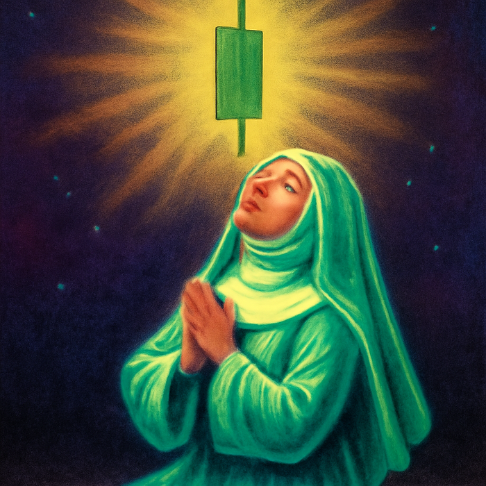 a nun kneeling in prayer, habit dyed mint green, before one tall glowing green candlestick